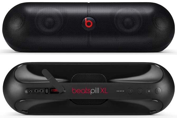 Front and back of Apple's Beats Pill XL speakers, recalled over a potential burn hazard. 