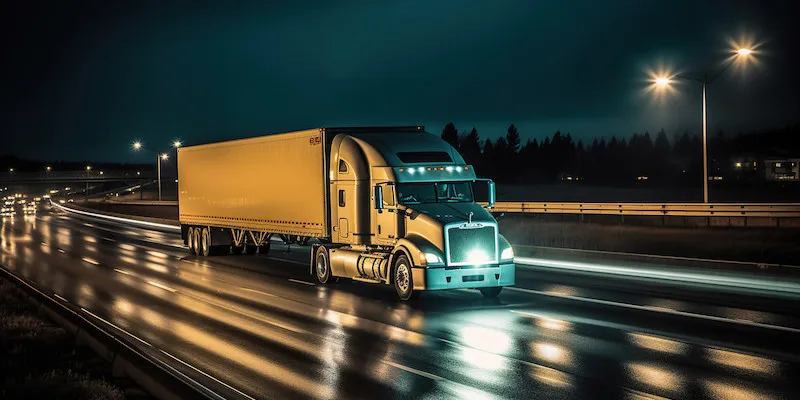 A yellow semi-truck drives on a wet highway at night.