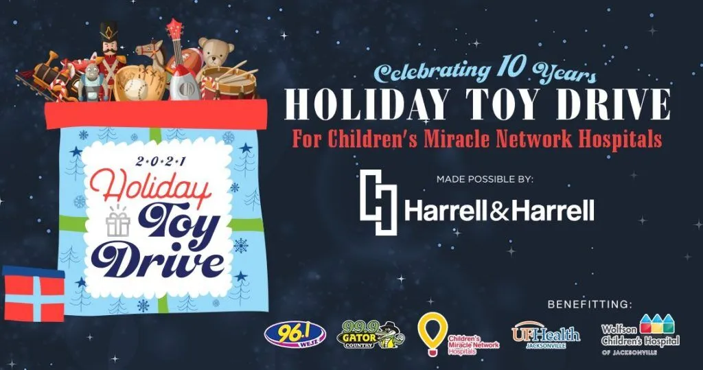 Holiday Toy Drive 2021 graphic with gifts and sponsor logos.