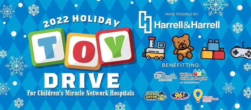 Blue 2022 Holiday Toy Drive banner with toys and sponsor logos.