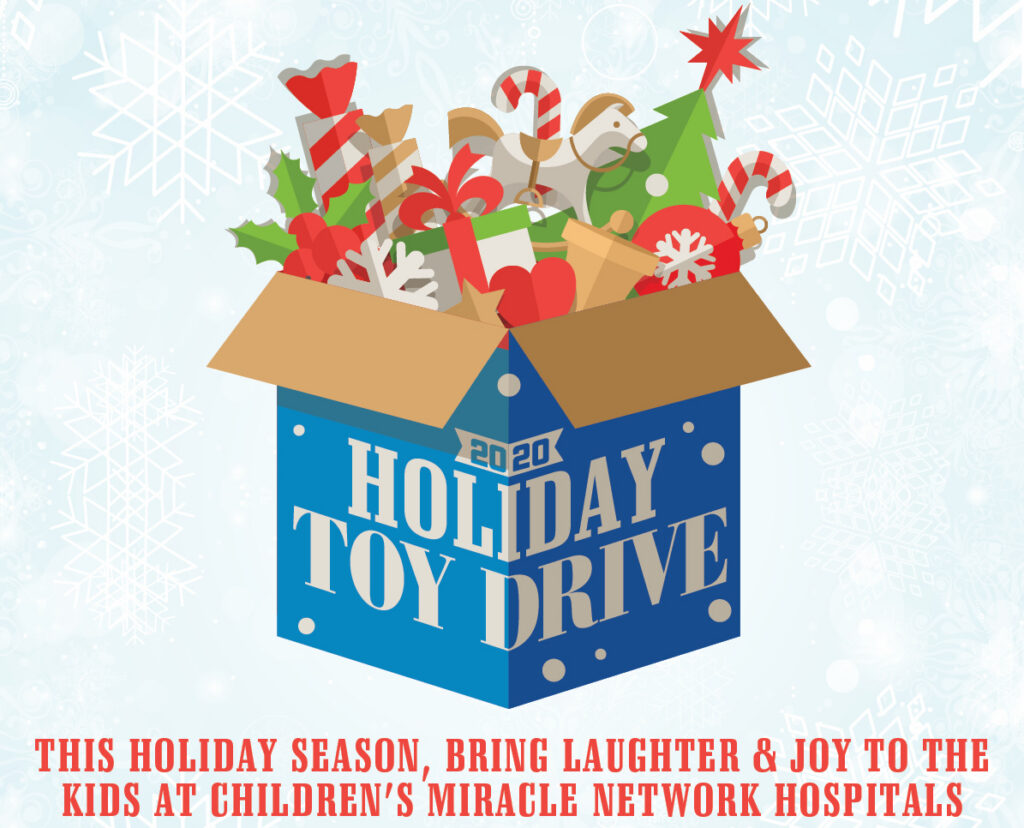 Blue toy drive box overflows with holiday gifts.