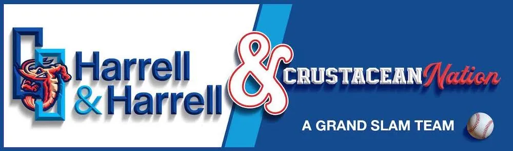 Harrell & Harrell logo with crab and baseball graphic.