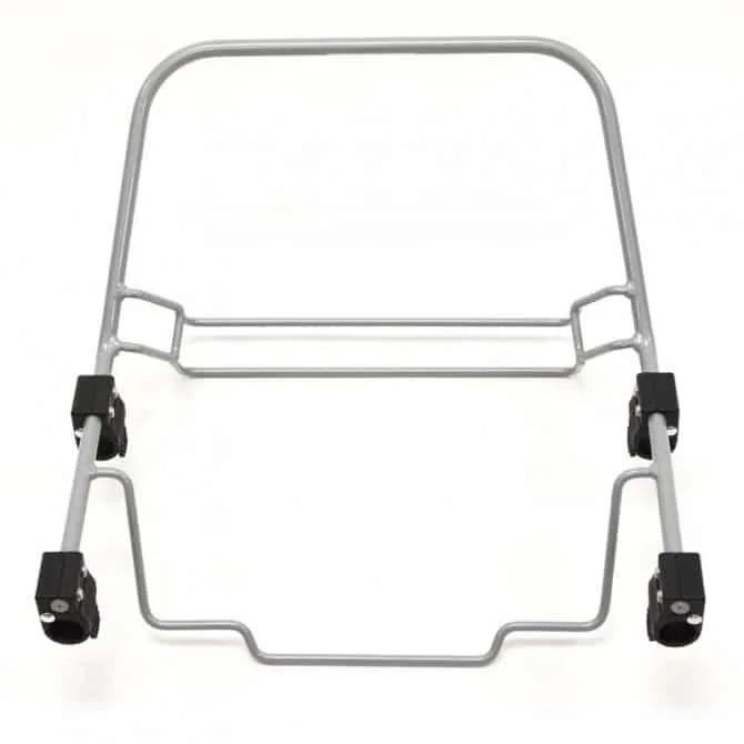 Silver stroller adapter frame with black connectors displayed.