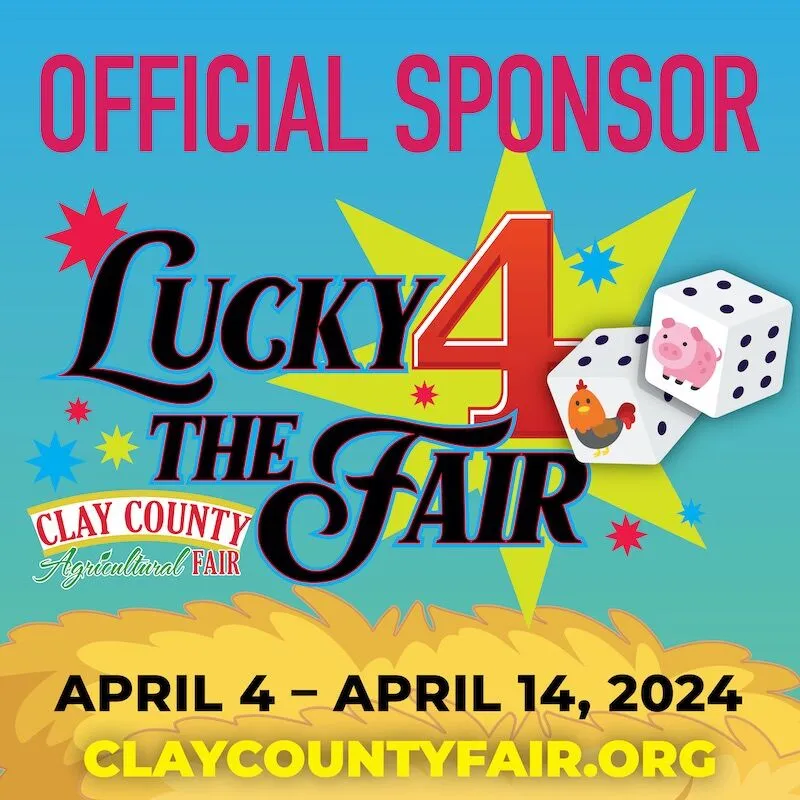 Clay County Agricultural Fair promo with dice, pig, and chicken.