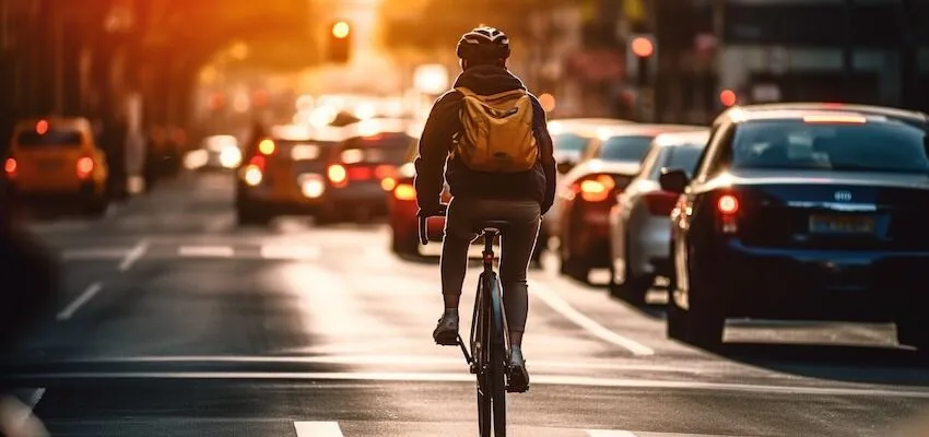 Cyclist with yellow backpack rides through city traffic.