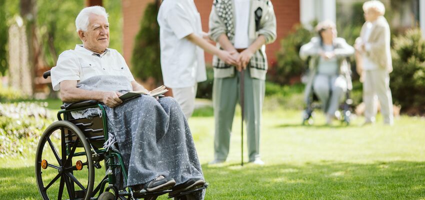 Elderly man in wheelchair sits on grass holding book.