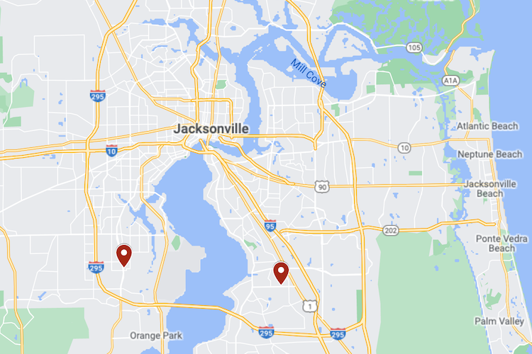 Jacksonville map highlights highways, waterways, and two locations.